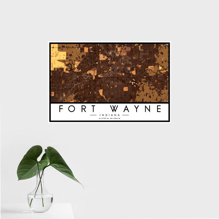 16x24 Fort Wayne Indiana Map Print Landscape Orientation in Ember Style With Tropical Plant Leaves in Water