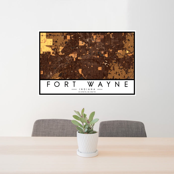 24x36 Fort Wayne Indiana Map Print Landscape Orientation in Ember Style Behind 2 Chairs Table and Potted Plant