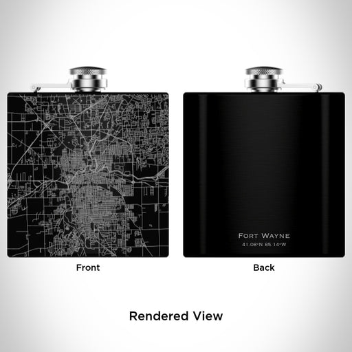 Rendered View of Fort Wayne Indiana Map Engraving on 6oz Stainless Steel Flask in Black