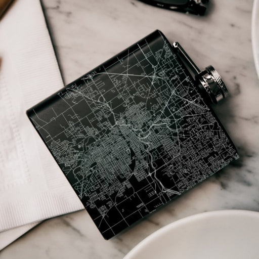 Fort Wayne Indiana Custom Engraved City Map Inscription Coordinates on 6oz Stainless Steel Flask in Black