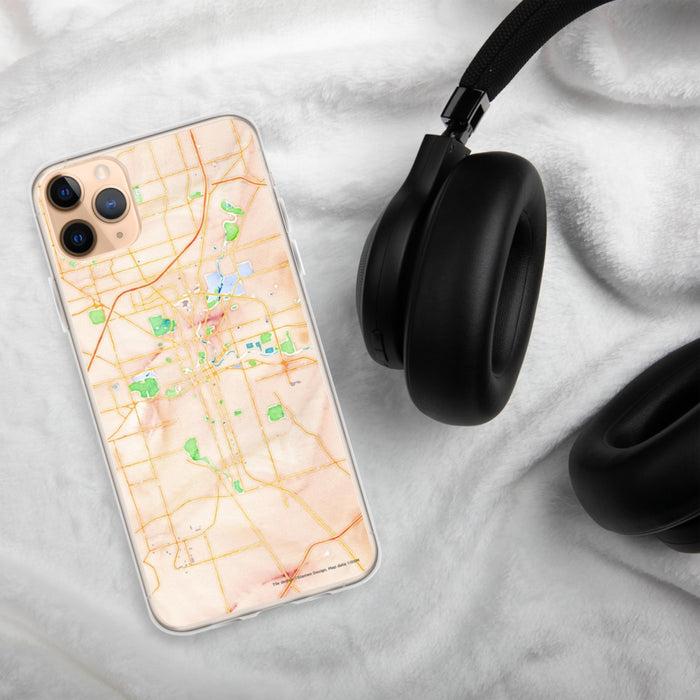 Custom Fort Wayne Indiana Map Phone Case in Watercolor on Table with Black Headphones