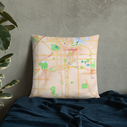 Custom Fort Wayne Indiana Map Throw Pillow in Watercolor on Bedding Against Wall