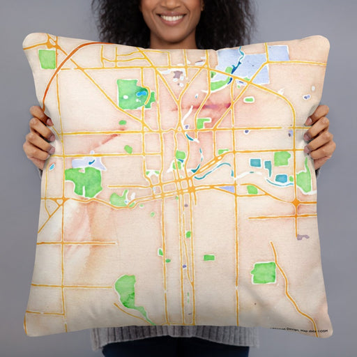 Person holding 22x22 Custom Fort Wayne Indiana Map Throw Pillow in Watercolor