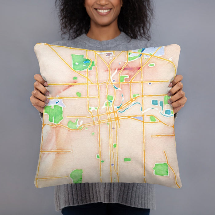 Person holding 18x18 Custom Fort Wayne Indiana Map Throw Pillow in Watercolor