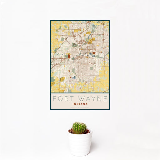 12x18 Fort Wayne Indiana Map Print Portrait Orientation in Woodblock Style With Small Cactus Plant in White Planter