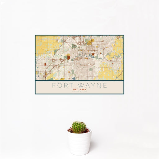 12x18 Fort Wayne Indiana Map Print Landscape Orientation in Woodblock Style With Small Cactus Plant in White Planter