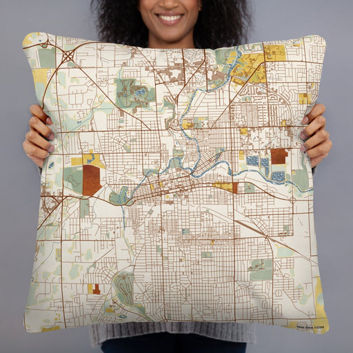 Person holding 22x22 Custom Fort Wayne Indiana Map Throw Pillow in Woodblock