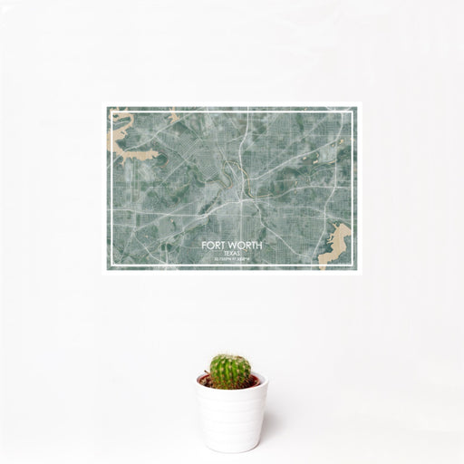 12x18 Fort Worth Texas Map Print Landscape Orientation in Afternoon Style With Small Cactus Plant in White Planter