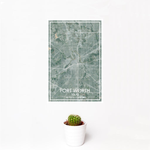 12x18 Fort Worth Texas Map Print Portrait Orientation in Afternoon Style With Small Cactus Plant in White Planter