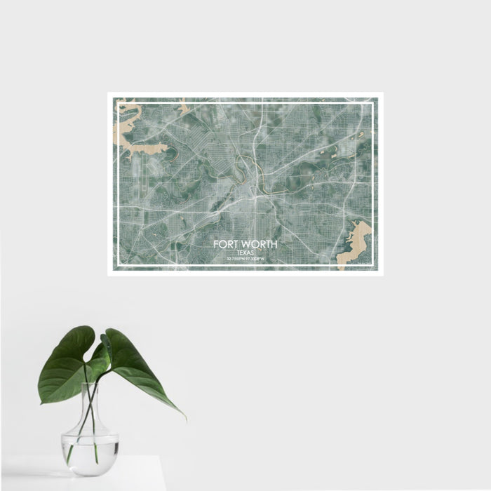 16x24 Fort Worth Texas Map Print Landscape Orientation in Afternoon Style With Tropical Plant Leaves in Water