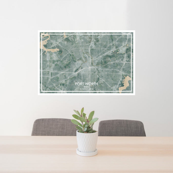 24x36 Fort Worth Texas Map Print Lanscape Orientation in Afternoon Style Behind 2 Chairs Table and Potted Plant