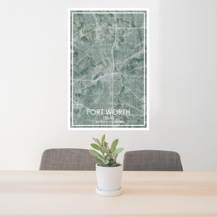 24x36 Fort Worth Texas Map Print Portrait Orientation in Afternoon Style Behind 2 Chairs Table and Potted Plant