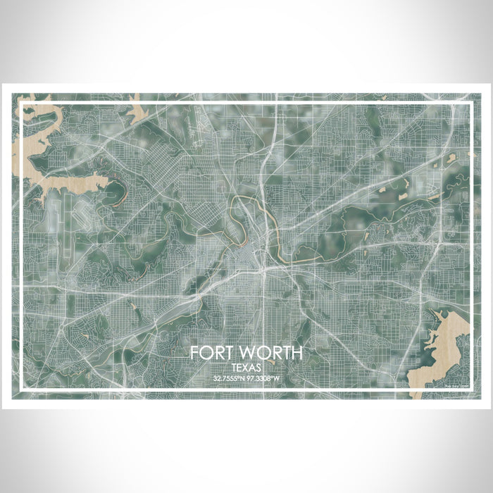 Fort Worth Texas Map Print Landscape Orientation in Afternoon Style With Shaded Background