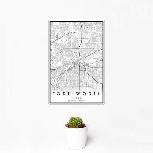 12x18 Fort Worth Texas Map Print Portrait Orientation in Classic Style With Small Cactus Plant in White Planter