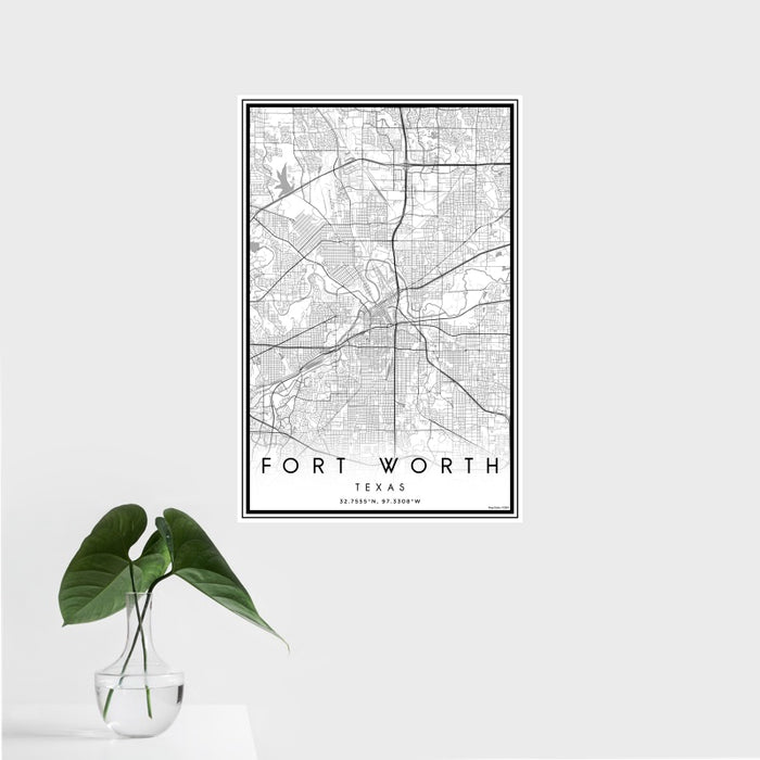 16x24 Fort Worth Texas Map Print Portrait Orientation in Classic Style With Tropical Plant Leaves in Water