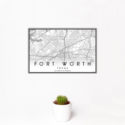 12x18 Fort Worth Texas Map Print Landscape Orientation in Classic Style With Small Cactus Plant in White Planter