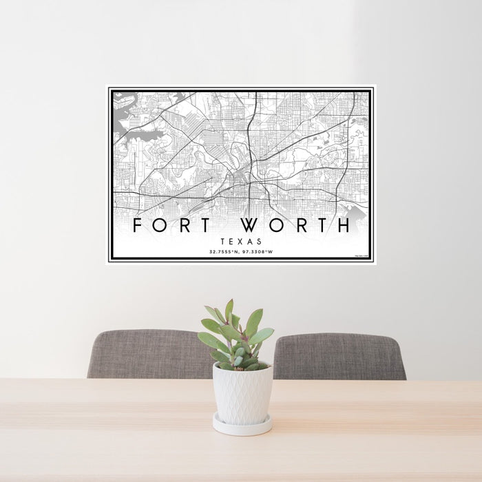 24x36 Fort Worth Texas Map Print Landscape Orientation in Classic Style Behind 2 Chairs Table and Potted Plant