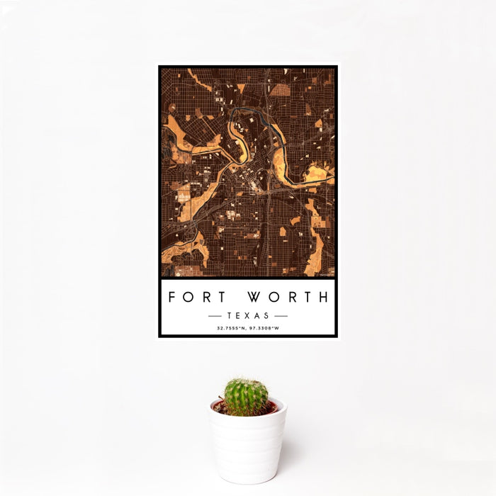 12x18 Fort Worth Texas Map Print Portrait Orientation in Ember Style With Small Cactus Plant in White Planter