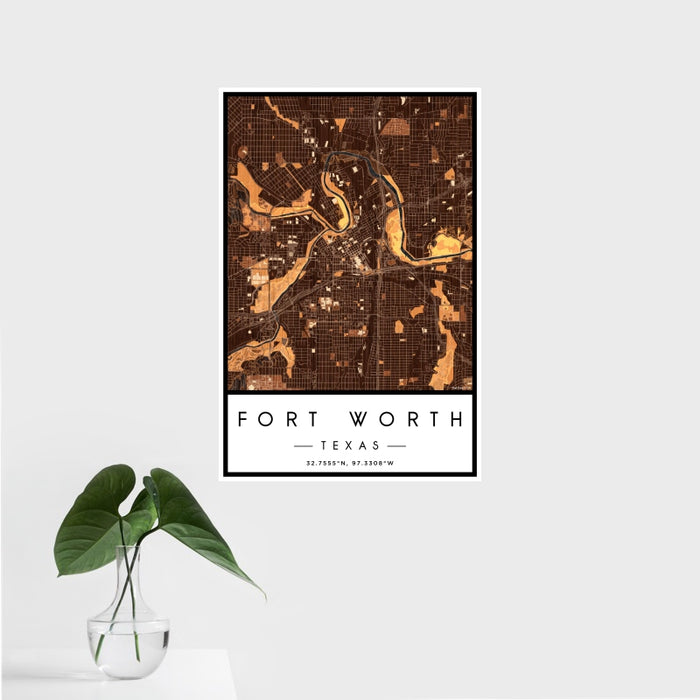 16x24 Fort Worth Texas Map Print Portrait Orientation in Ember Style With Tropical Plant Leaves in Water