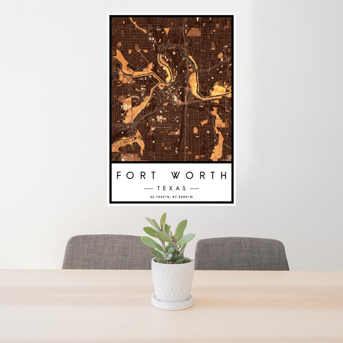24x36 Fort Worth Texas Map Print Portrait Orientation in Ember Style Behind 2 Chairs Table and Potted Plant