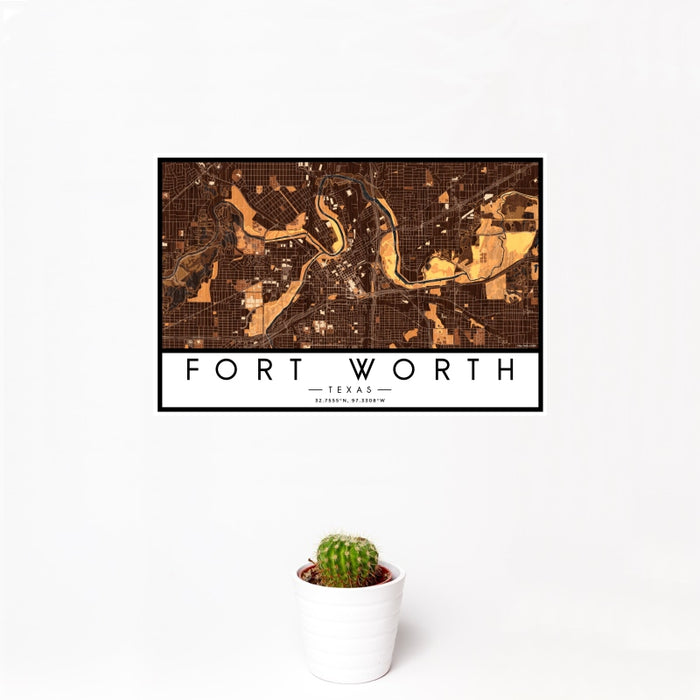 12x18 Fort Worth Texas Map Print Landscape Orientation in Ember Style With Small Cactus Plant in White Planter