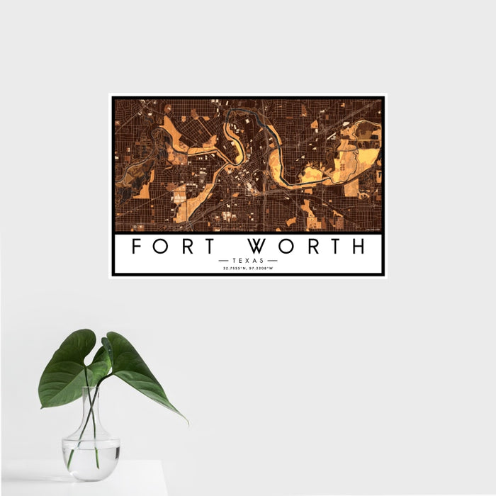 16x24 Fort Worth Texas Map Print Landscape Orientation in Ember Style With Tropical Plant Leaves in Water