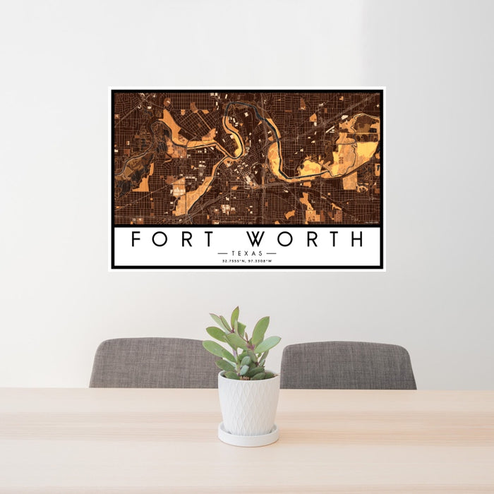 24x36 Fort Worth Texas Map Print Landscape Orientation in Ember Style Behind 2 Chairs Table and Potted Plant
