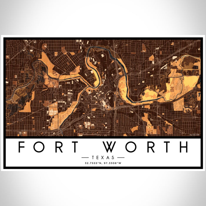 Fort Worth Texas Map Print Landscape Orientation in Ember Style With Shaded Background