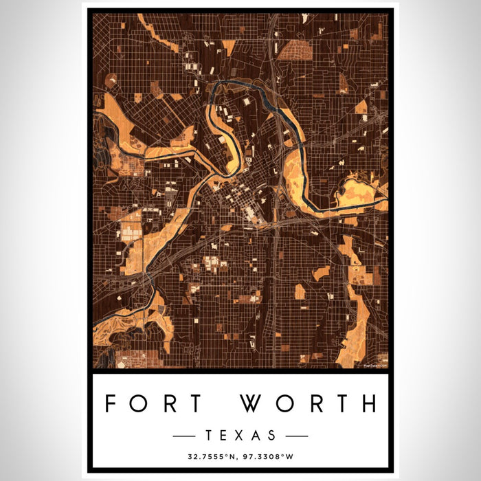 Fort Worth Texas Map Print Portrait Orientation in Ember Style With Shaded Background