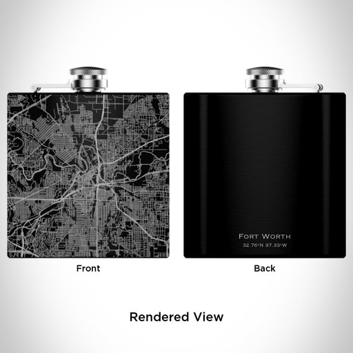 Rendered View of Fort Worth Texas Map Engraving on 6oz Stainless Steel Flask in Black