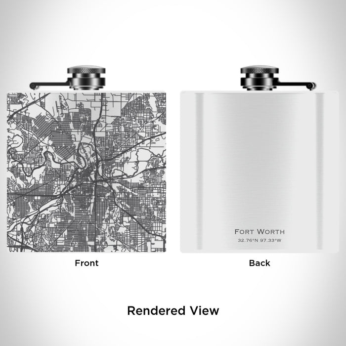 Rendered View of Fort Worth Texas Map Engraving on 6oz Stainless Steel Flask in White