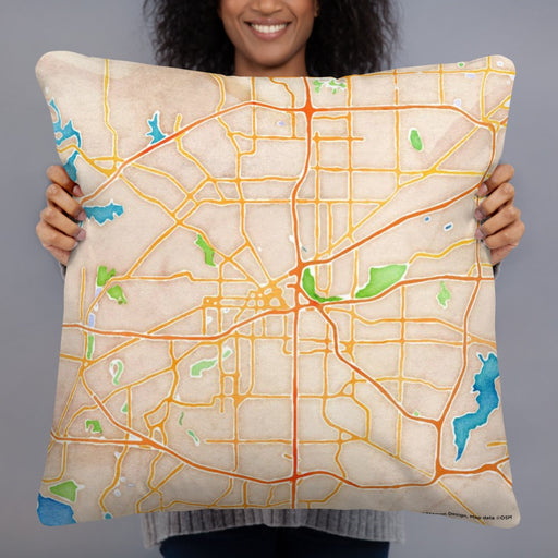 Person holding 22x22 Custom Fort Worth Texas Map Throw Pillow in Watercolor