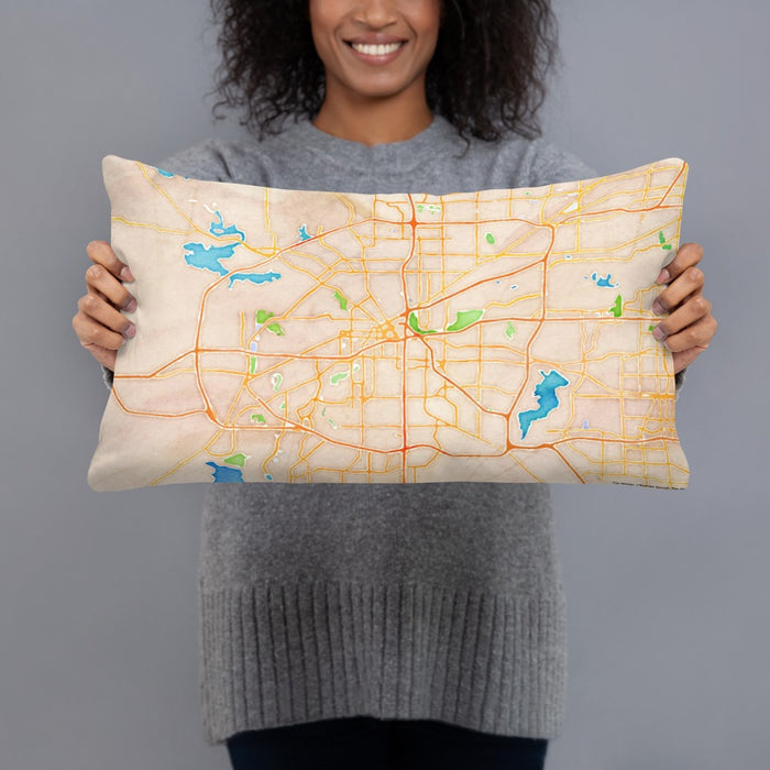 Person holding 20x12 Custom Fort Worth Texas Map Throw Pillow in Watercolor