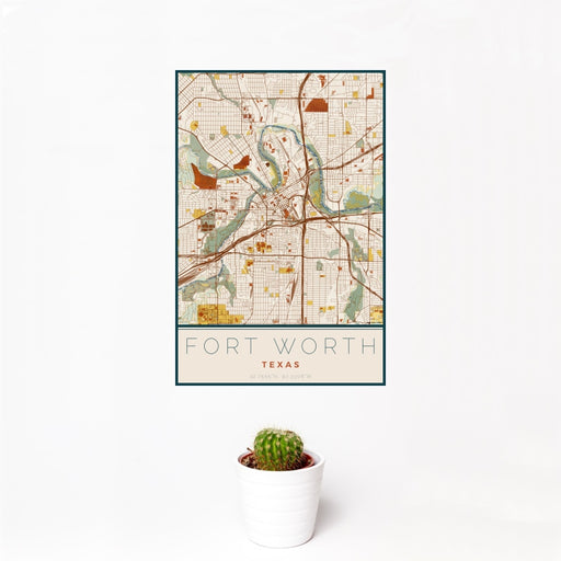 12x18 Fort Worth Texas Map Print Portrait Orientation in Woodblock Style With Small Cactus Plant in White Planter