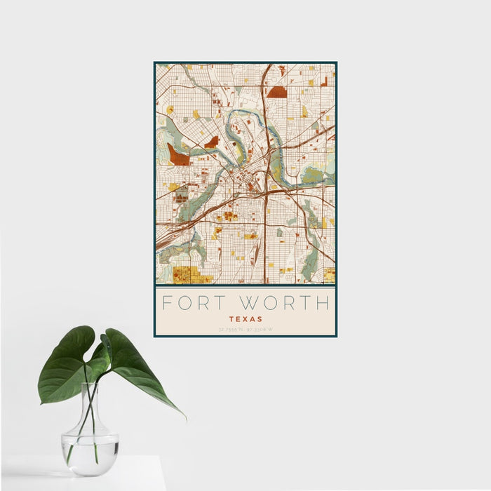 16x24 Fort Worth Texas Map Print Portrait Orientation in Woodblock Style With Tropical Plant Leaves in Water