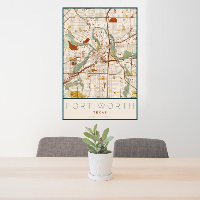 24x36 Fort Worth Texas Map Print Portrait Orientation in Woodblock Style Behind 2 Chairs Table and Potted Plant