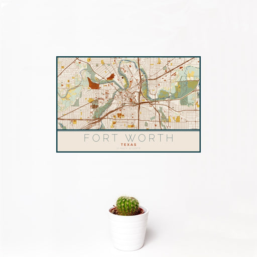 12x18 Fort Worth Texas Map Print Landscape Orientation in Woodblock Style With Small Cactus Plant in White Planter