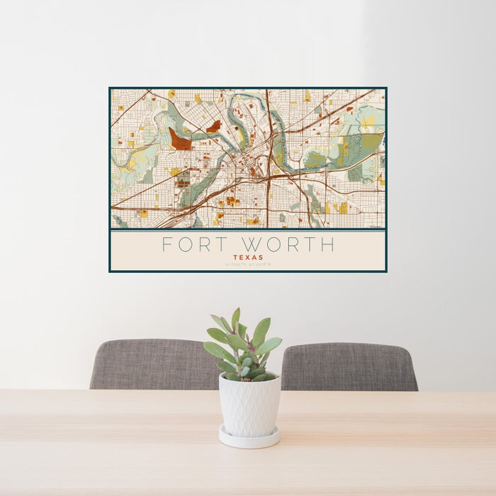 24x36 Fort Worth Texas Map Print Landscape Orientation in Woodblock Style Behind 2 Chairs Table and Potted Plant