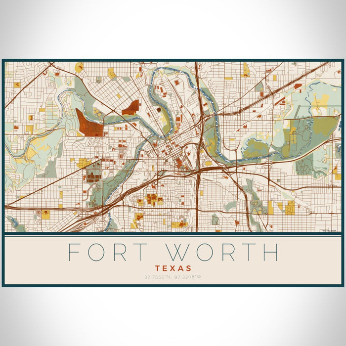 Fort Worth Texas Map Print Landscape Orientation in Woodblock Style With Shaded Background
