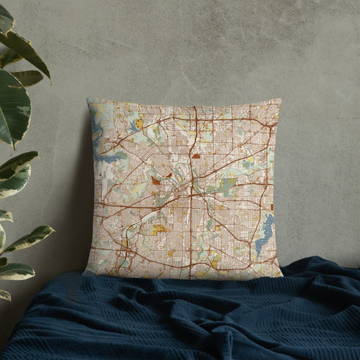 Custom Fort Worth Texas Map Throw Pillow in Woodblock on Bedding Against Wall