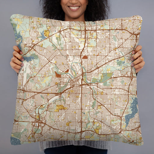 Person holding 22x22 Custom Fort Worth Texas Map Throw Pillow in Woodblock