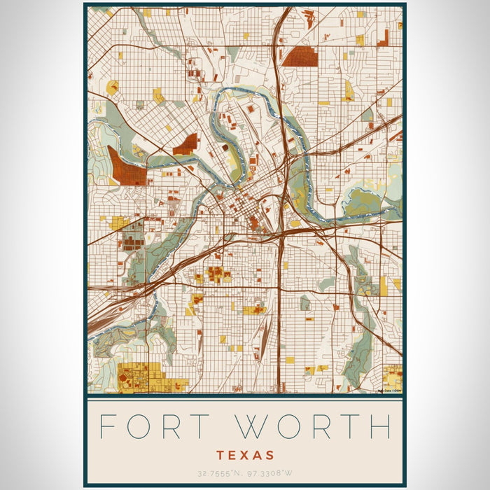 Fort Worth Texas Map Print Portrait Orientation in Woodblock Style With Shaded Background