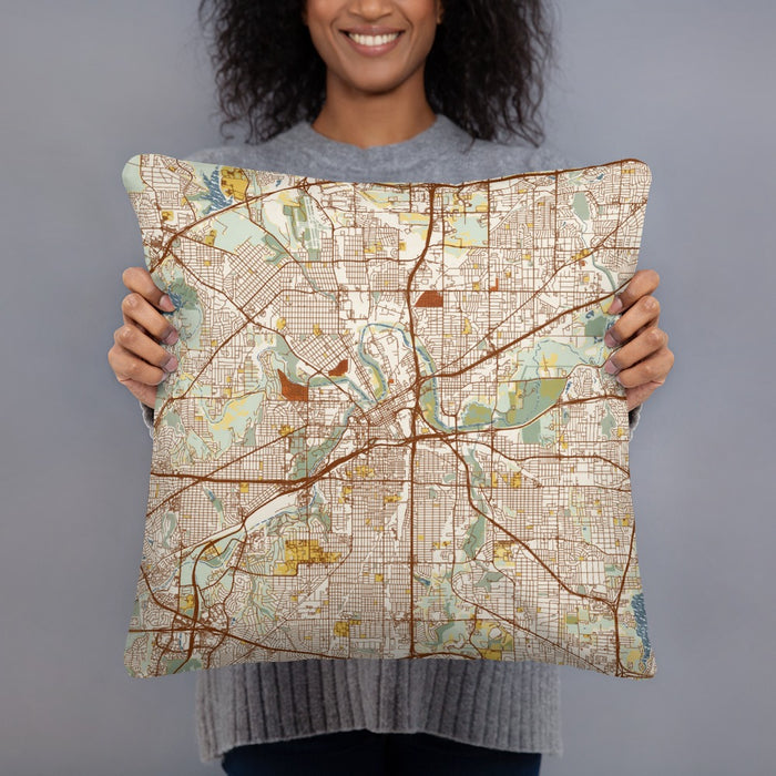 Person holding 18x18 Custom Fort Worth Texas Map Throw Pillow in Woodblock