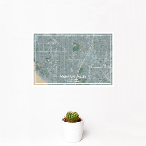 12x18 Fountain Valley California Map Print Landscape Orientation in Afternoon Style With Small Cactus Plant in White Planter