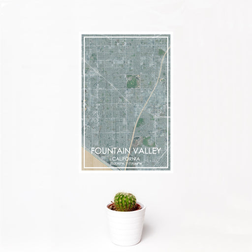 12x18 Fountain Valley California Map Print Portrait Orientation in Afternoon Style With Small Cactus Plant in White Planter