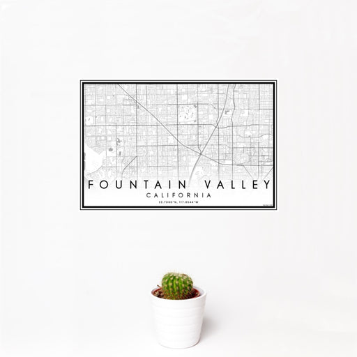 12x18 Fountain Valley California Map Print Landscape Orientation in Classic Style With Small Cactus Plant in White Planter