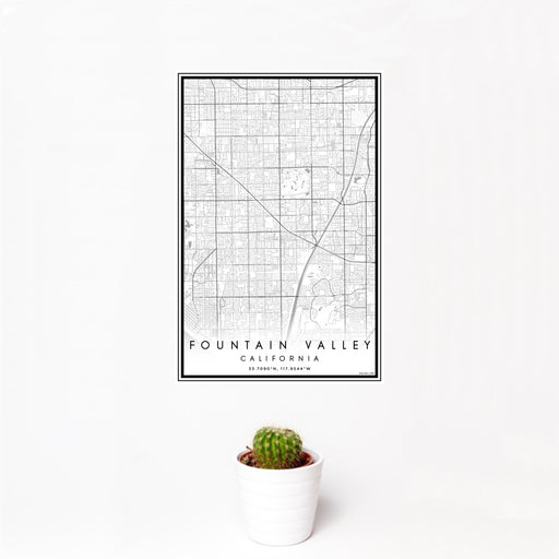 12x18 Fountain Valley California Map Print Portrait Orientation in Classic Style With Small Cactus Plant in White Planter