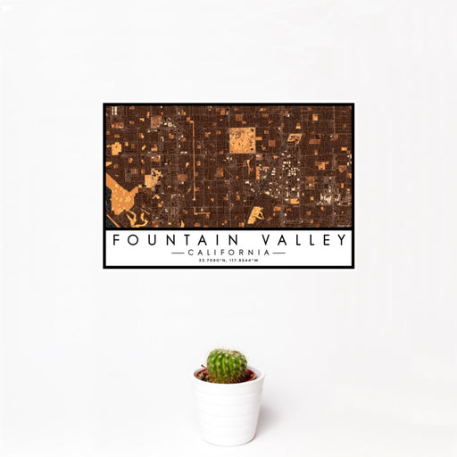 12x18 Fountain Valley California Map Print Landscape Orientation in Ember Style With Small Cactus Plant in White Planter