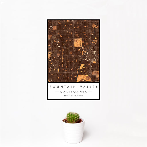 12x18 Fountain Valley California Map Print Portrait Orientation in Ember Style With Small Cactus Plant in White Planter