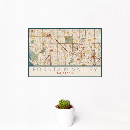 12x18 Fountain Valley California Map Print Landscape Orientation in Woodblock Style With Small Cactus Plant in White Planter
